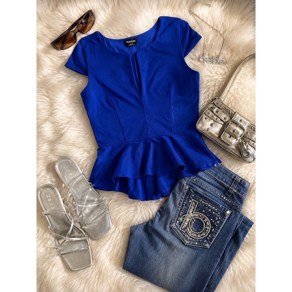 Bebe Vintage Y2K Sapphire Blue Peplum Cap Sleeve Top Girls Night Glam Size L - Picture 2 of 8